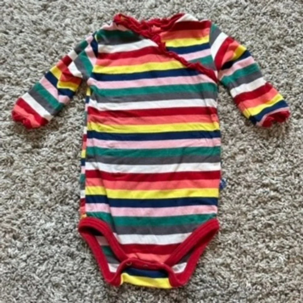 KicKee Pants Bamboo 6-12 Months‎ Striped Ruffle Trim Long Sleeve Baby Bodysuit